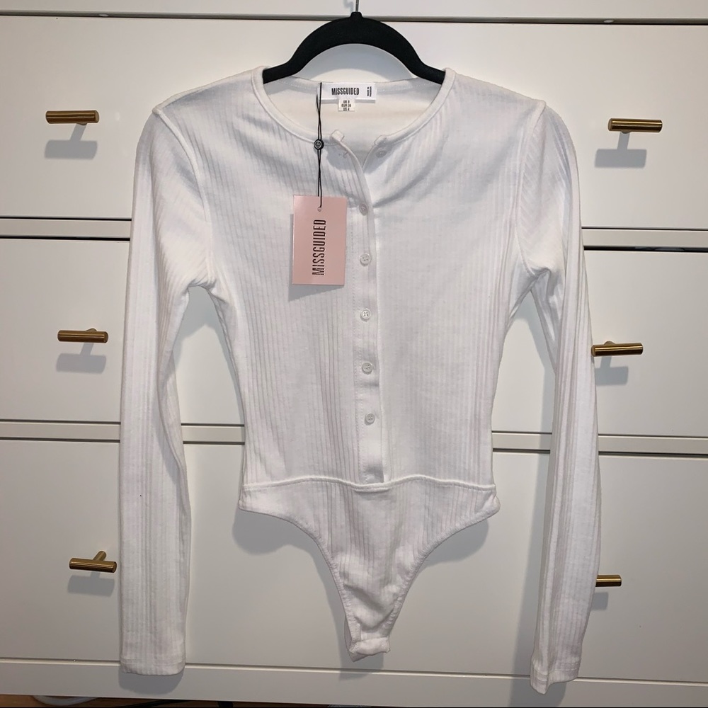 Missguided White Ribbed Button Up Bodysuit